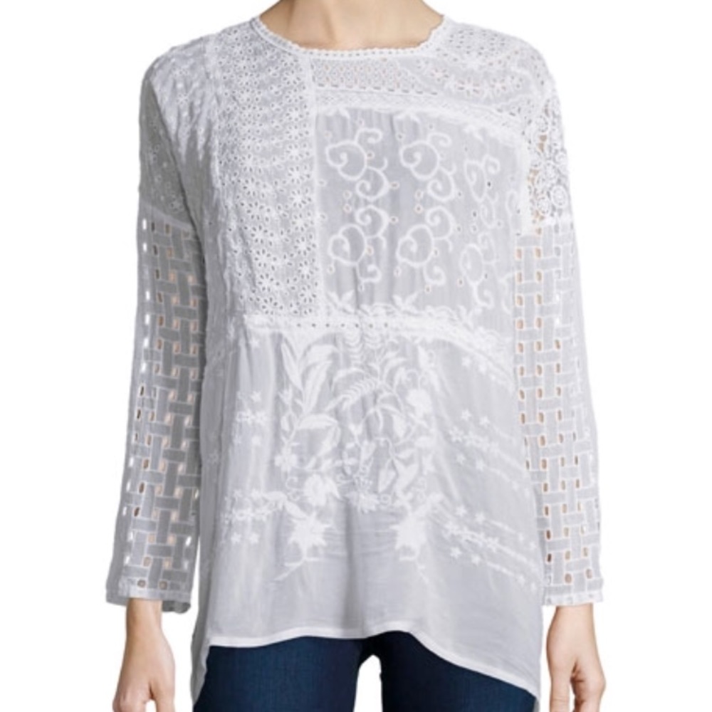 Johnny Was pure white top/tunic 3/4 sleeves, embroidery, eyelet, and open lace